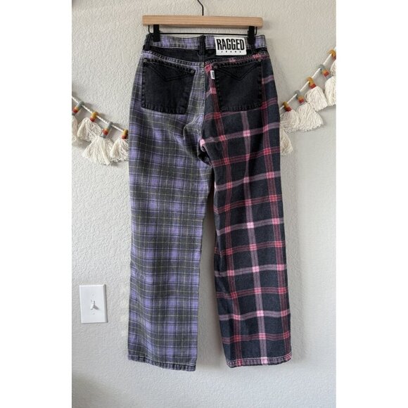 The Raggest Priest Mix Check Straight Leg Mom Jeans Retro Plaid Baggy Grunge 28 - Picture 3 of 10